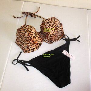 38C/L Victorias Secret Swim Ruffle Demi Top Bikini Set Side Tie Cheeky Leopard